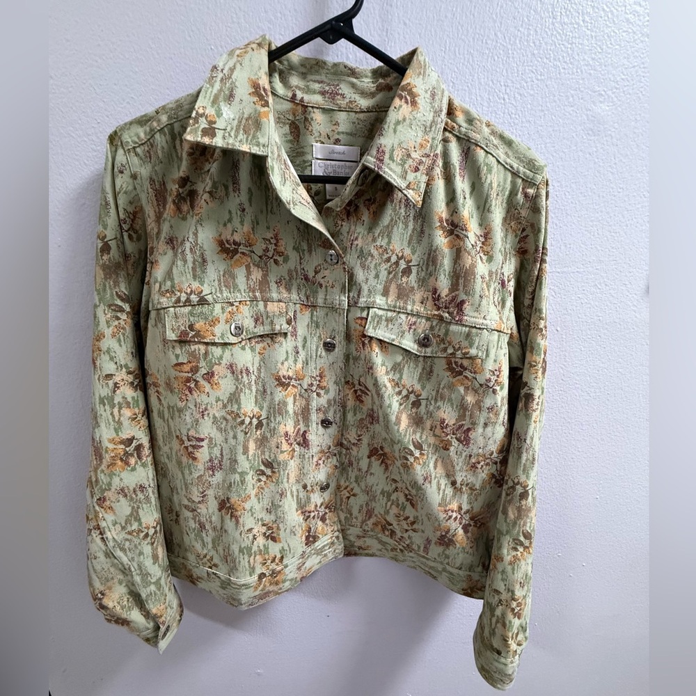 Christopher & Banks Green Floral Stretch Button Front Jacket XL